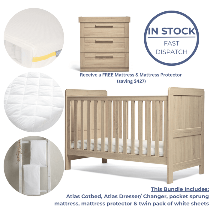Mamas and Papas Atlas Nursery Essentials Bundle - Oak *FREE Mattress & Mattress Protector*