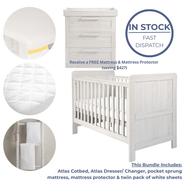 Mamas and Papas Atlas Nursery Essentials Bundle - White *FREE Mattress & Mattress Protector*
