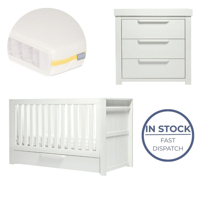 Mamas and Papas Franklin White Wash Bundle - Cot + Dresser + Mattress