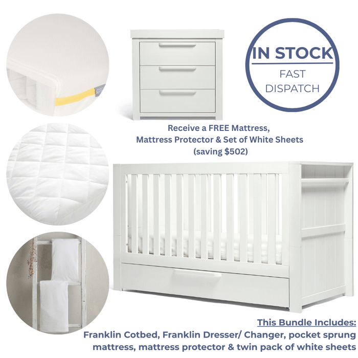Mamas and Papas Franklin Nursery Essentials Bundle - White *FREE Mattress, Mattress Protector & set of Sheets*