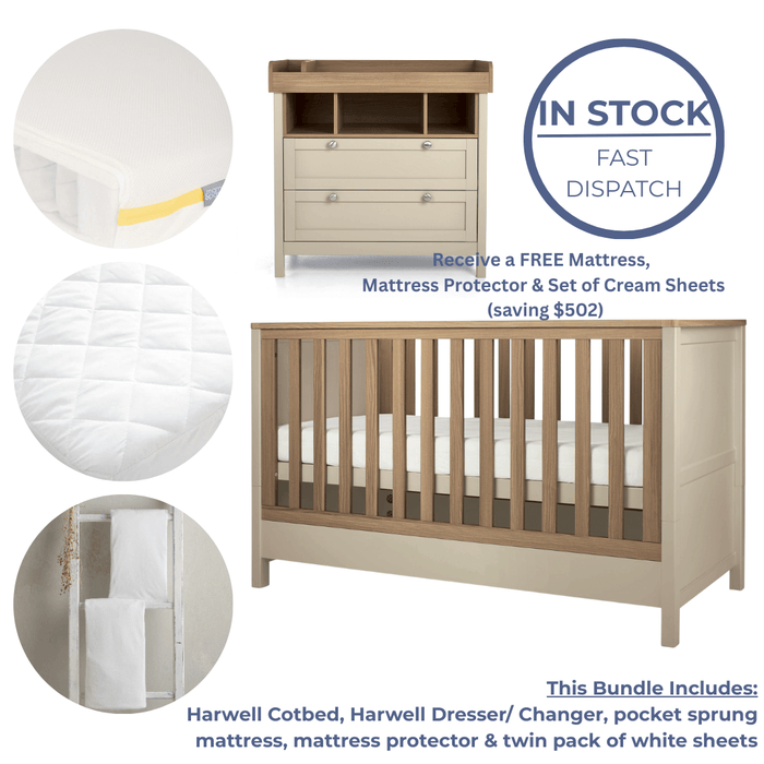 Mamas and Papas Harwell Nursery Essentials Bundle - Cashmere *FREE Mattress, Mattress Protector & set of Sheets*