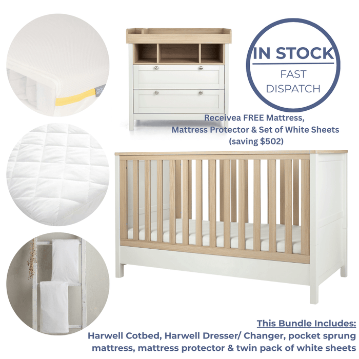 Mamas and Papas Harwell Nursery Essentials Bundle - White *FREE Mattress, Mattress Protector & set of Sheets*