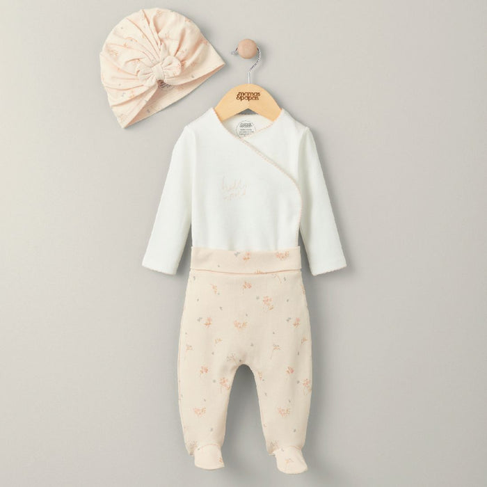 Mamas and Papas Floral Embroided Bodysuit, Print Pants & Hat - 3 Piece Set