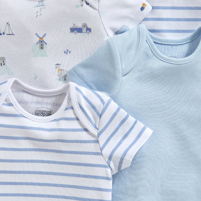 Mamas and Papas Blue Farm & Stripes Short Sleeve Bodysuits - 5 Pack